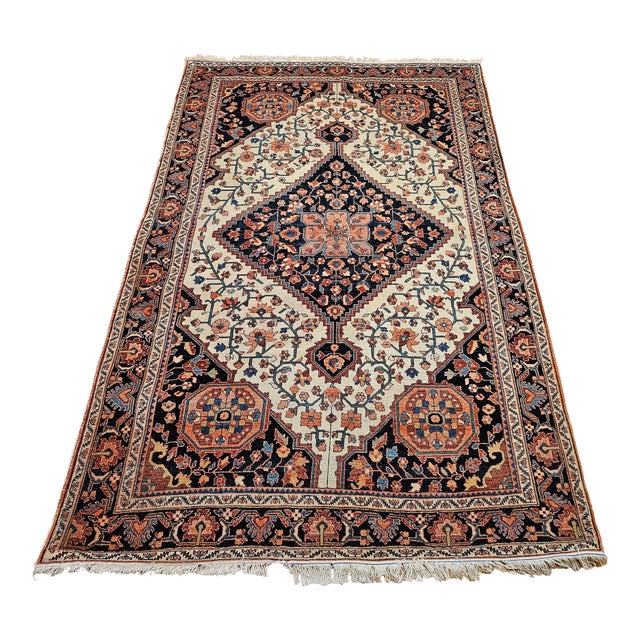 19th Century Persian Farahan Sarouk Rug, Handwoven Floral Patter, Ivory & Blue, 5’ X 7’ For Sale