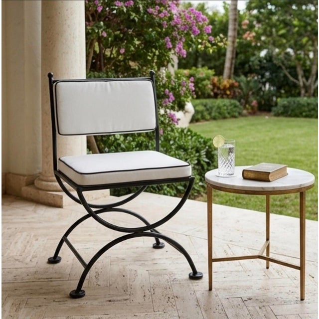 Vintage Turkish Powder-Coated Cast Iron Campaign-Style Vanity or Garden Chair With New Custom Cushions For Sale - Image 10 of 11