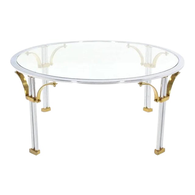 Silver Mid Century Modern Round Chrome Brass Glass Coffee Table For Sale - Image 8 of 8