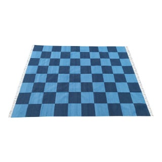 Handmade Vegetable Dyed Woolen Checked Pattern Rug Sky Blue and Navy Blue - 8x10 For Sale