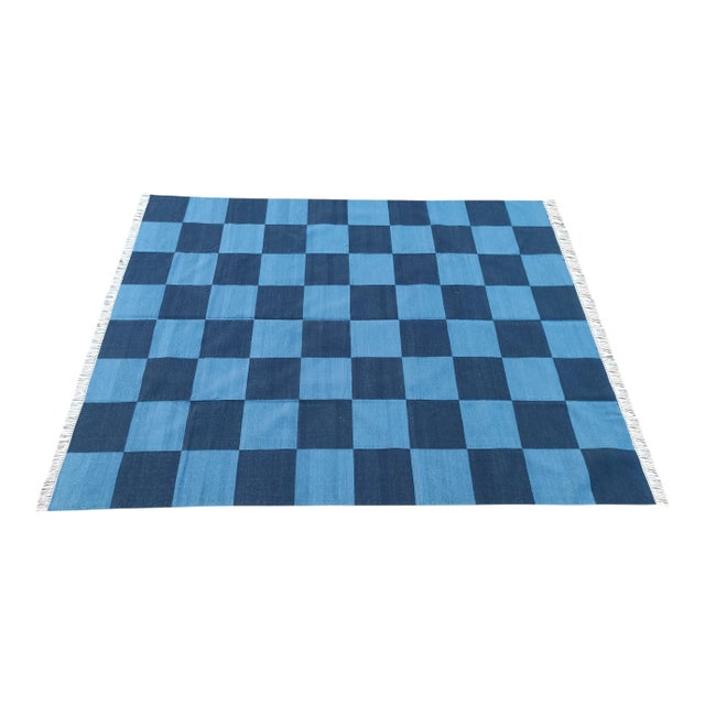 Handmade Vegetable Dyed Woolen Checked Pattern Rug Sky Blue and Navy Blue - 8x10 For Sale