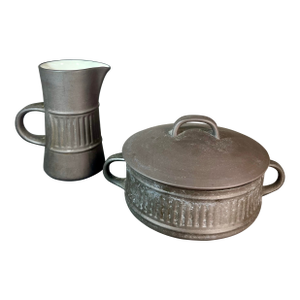 Mid 20th Century Dansk Denmark Flamestone Brown Fluted Creamer & Lidded Sugar