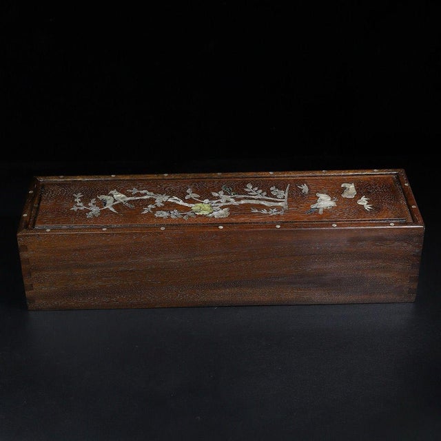 Brown Late 20th Century Wooden Sliding Lid Box With Mother-of-Pearl Bird and Floral Inlay For Sale - Image 8 of 10
