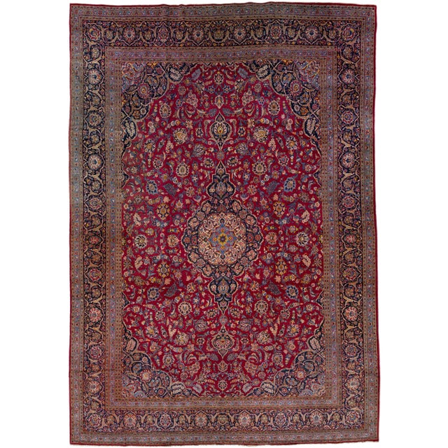 Textile 1920s Oversize Antique Persian Kashan Red Wool Rug With Medallion Motif For Sale - Image 7 of 7