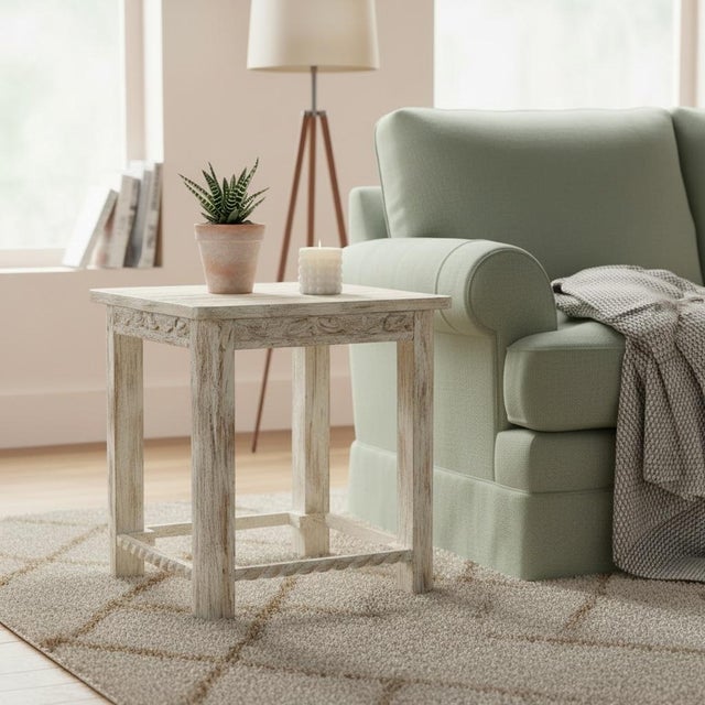 Transform your living space with the soulful character of this Hand Carved Farmhouse Side Table. More than just a piece of...