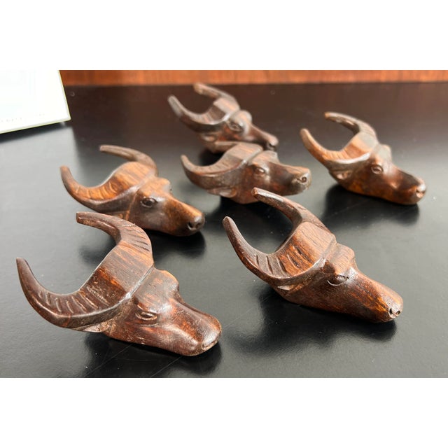 Vintage 1950's Water Buffalo / Bull Head Carved Wood Napkin Rings - Set of 6 For Sale - Image 4 of 9