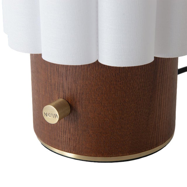 Wood Scalloped Accent Table Lamp - Walnut, Weathered Brass, White Linen, Diffuser, Dimmer For Sale - Image 7 of 8
