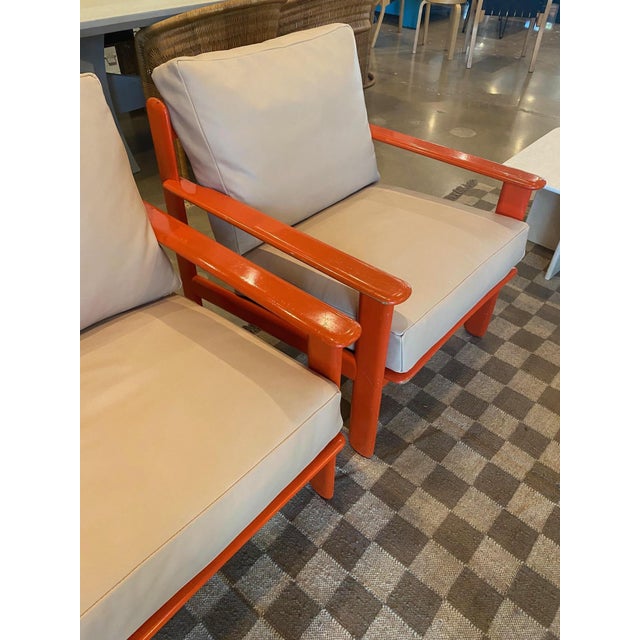 Orange Lacquer and Buff Leather Armchairs, Scandinavia, 1970's - A Pair For Sale - Image 4 of 6