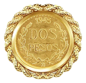 1945 Dos Pesos Fine Gold Coin Ring with Rope Bezel Frame, Size 4