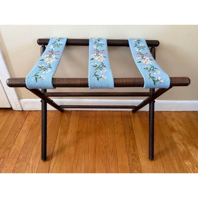 Cabin Mid 20th Century Needlepoint Wood Luggage or Serving Tray Rack Stand For Sale - Image 3 of 8