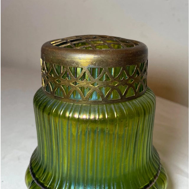 Loetz Antique Hand Blown Bohemian Loetz Bronze Mounted Green Glass Potpourri Jar Vase For Sale - Image 4 of 12
