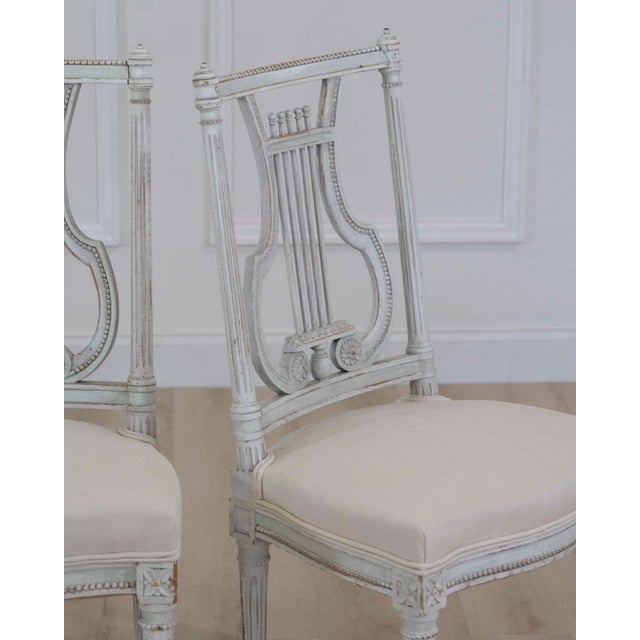Pair of Antique French Neoclassical Painted Chairs in Antique Linen For Sale - Image 4 of 13