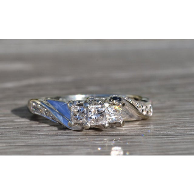 Light Gray The Coalmont: Ladies White Gold Past Present Future Diamond Engagement Ring For Sale - Image 8 of 10