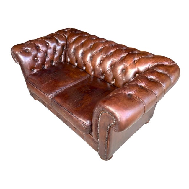 1960s English Love Seat Vintage Chesterfield Leather For Sale - Image 5 of 16