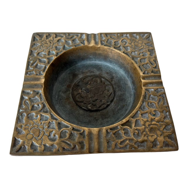 Vintage Solid Brass Floral Relief Square Ashtray For Sale