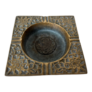 Vintage Solid Brass Floral Relief Square Ashtray