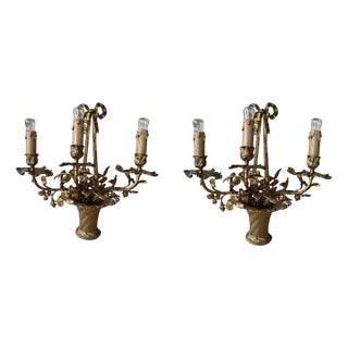 French Gilt-Bronze Three-Light Wall Sconces, 1950s, Set of 2 For Sale