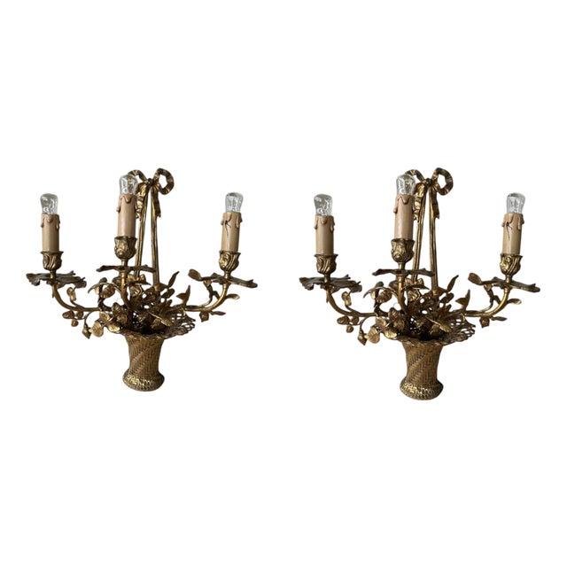 French Gilt-Bronze Three-Light Wall Sconces, 1950s, Set of 2 For Sale