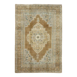 Mid 20th Century Vintage Oushak Turkish Rug in Light Golden Brown Tan and Teal-Green Accents For Sale