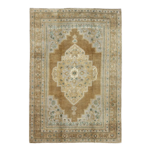 Mid 20th Century Vintage Oushak Turkish Rug in Light Golden Brown Tan and Teal-Green Accents For Sale