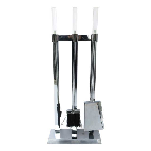 Albrizzi Style Metal Chrome and Lucite Fireplace Tools, Set, Late 20th Century For Sale