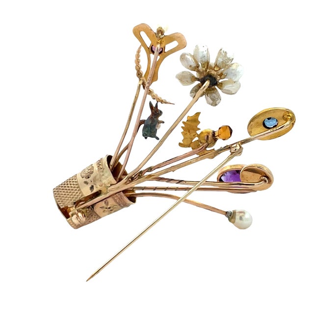 Modern Vintage Multi Gem Gold Flower Vase Brooch With Pearl, Opal, Citrine & Sapphire For Sale - Image 3 of 8