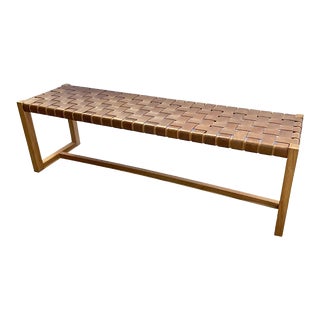 Teak Wood Framed Bench, With Woven Leather Seat For Sale
