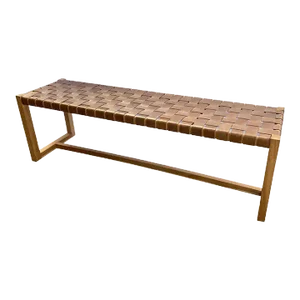 Teak Wood Framed Bench, With Woven Leather Seat