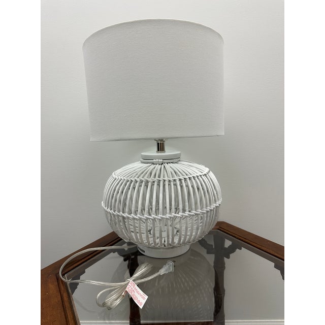 Lauren by Ralph Lauren White Rattan Table Lamps With White Shades - a Pair For Sale - Image 10 of 11