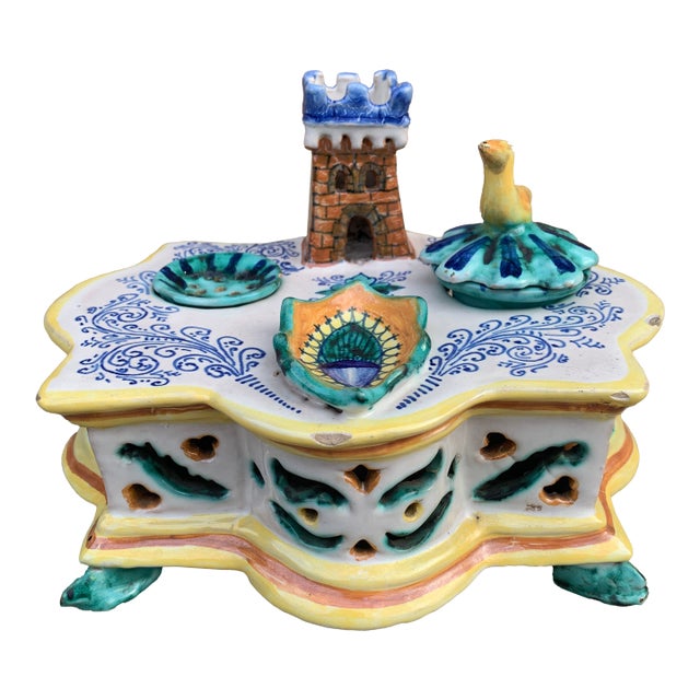 Early 20th Century Italian Provincial Deruta Hand Painted Allegorical Faience Inkwell For Sale