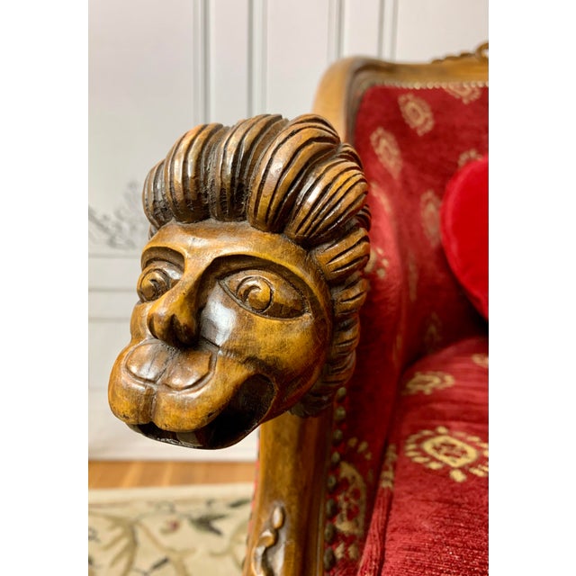 Traditional Late 19th Century Red Chenille Figural Hand Carved Cedar of Lebanon Regal Club Chair For Sale - Image 3 of 12