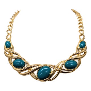 Vintage 1990s Signed Monet Goldtone Cabochon Faux-Green Jasper Collar Necklace For Sale