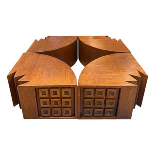 Rare Modular "Quadrifoglio" Coffee Table in Carved Oak by Giuseppe Rivadossi, 1970s For Sale