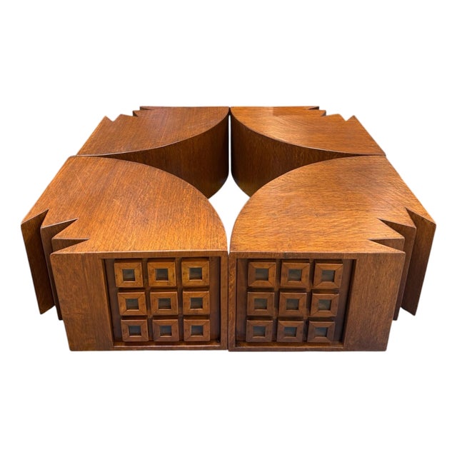 Rare Modular "Quadrifoglio" Coffee Table in Carved Oak by Giuseppe Rivadossi, 1970s For Sale