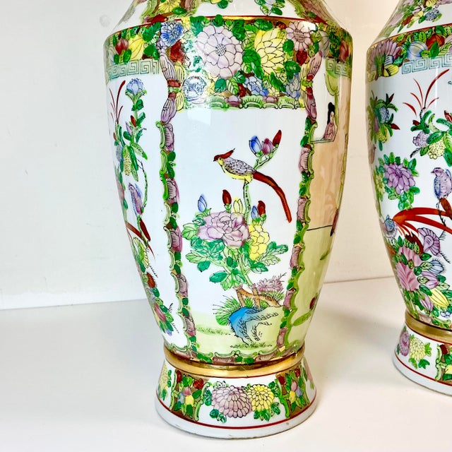 Late 19th C Antique Chinoiserie Boho Chic Hollywood Regency Famille Rose Vases - A Pair, Monumental For Sale - Image 4 of 18