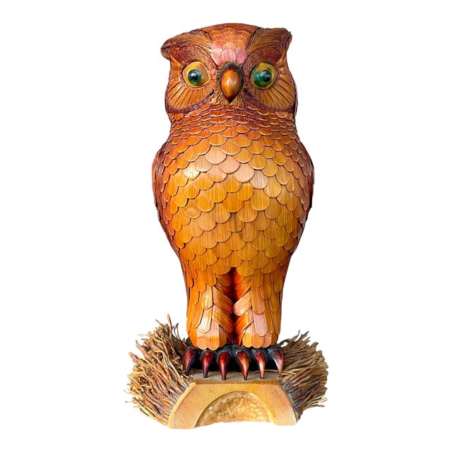 Vintage Coastal Wood and Rattan Owl For Sale