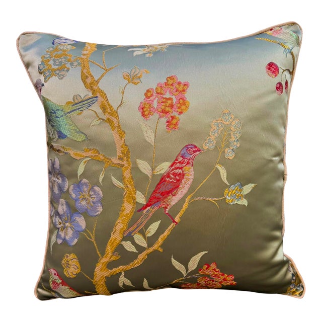 Chinoiserie Bird Cushion Cover With Cream Piping For Sale