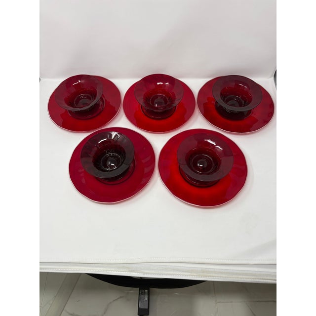 Traditional 1970s Murano Glass Ruby Red Desserts and Saucers - 10 pcs For Sale - Image 3 of 6