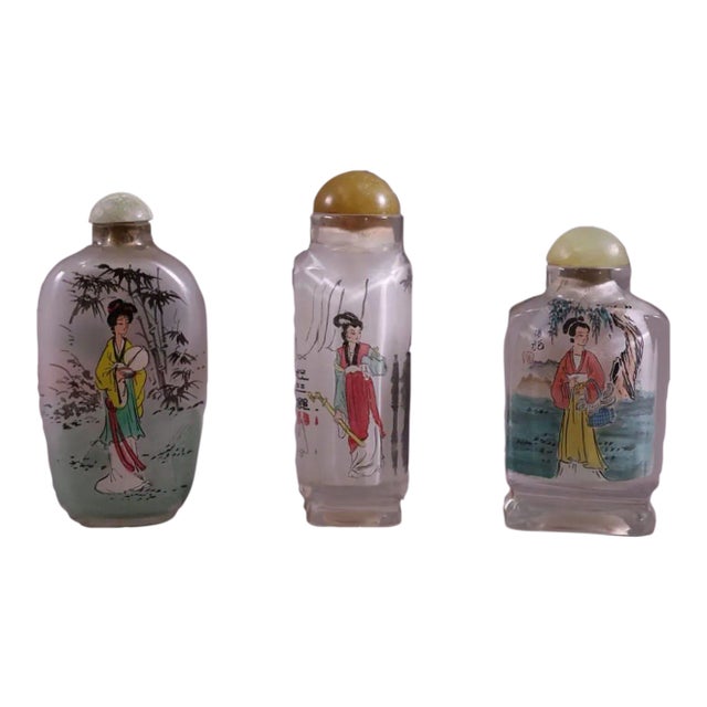 1990s Eglomise Reverse Painted Snuff Bottles With Female Portraits- Set of 3 For Sale