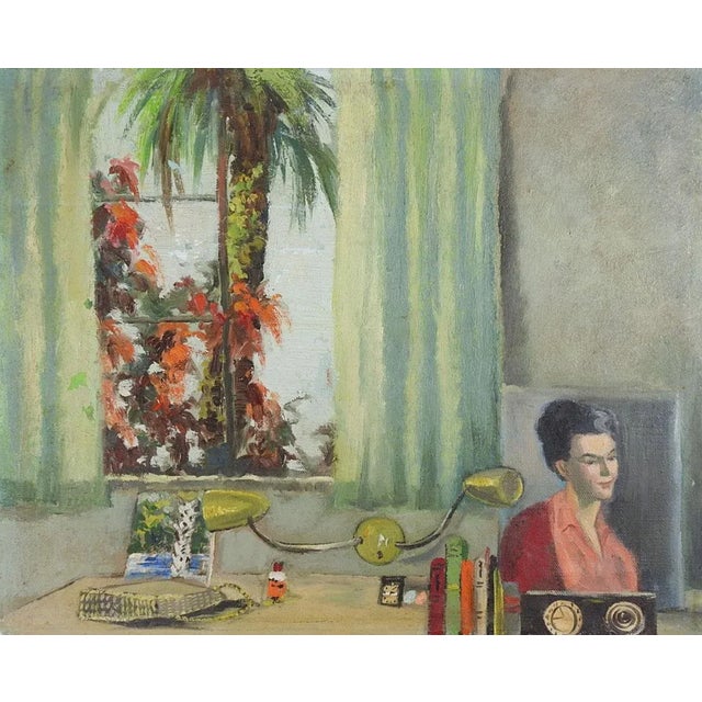 Green Vintage Mid Century Interior Setting and Palm Tree From Window Painting For Sale - Image 8 of 8