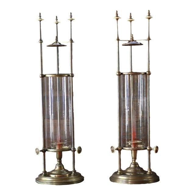 Vintage Pair of Chapman Brass & Glass Hurricane Candle Holders, 1985 For Sale