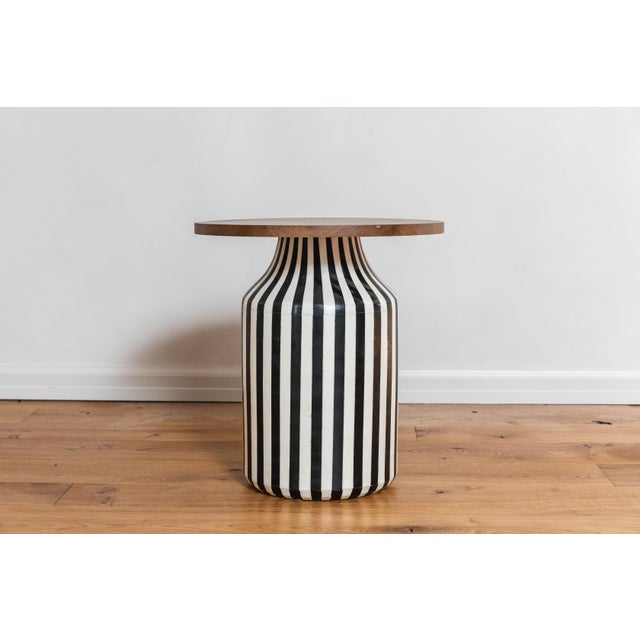 Black and White Striped Ceramic Side Table With Wooden Base Chairish