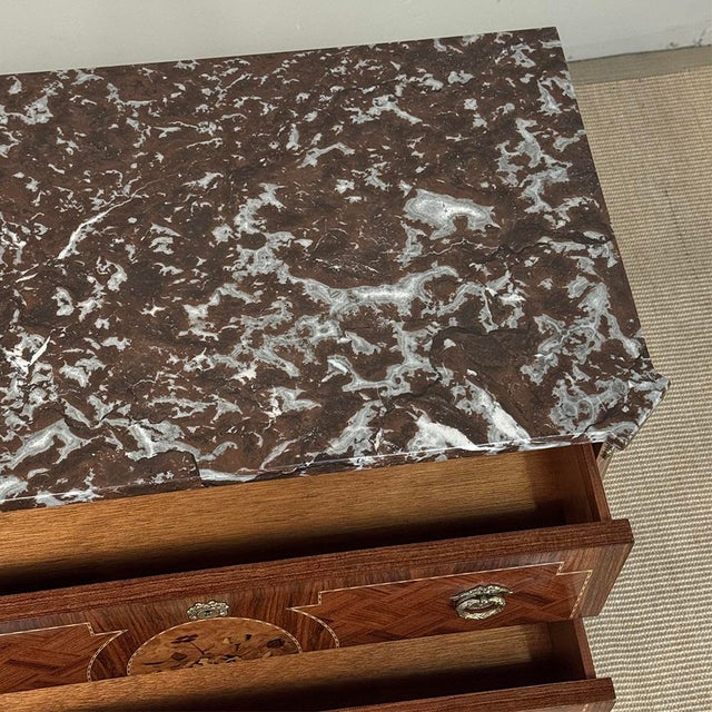 Antique French Louis XVI Style Marquetry Marble Top Commode For Sale - Image 18 of 18