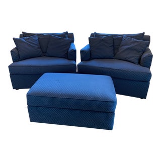 Ethan Allen Navy Blue Chairs With Matching Ottoman - 3 Pieces For Sale