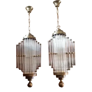 1940s Art Deco Skyscraper Brass & Glass Rod Chandeliers - a Pair