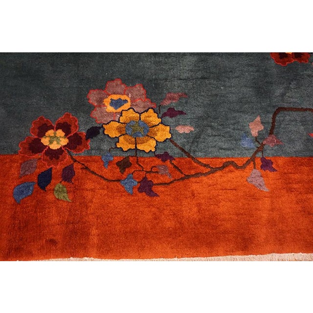 Exceptional Army Green Color Ground With Bits of Chinese Ornament Floral Design Antique Chinese Art Deco Rug For Sale - Image 14 of 15