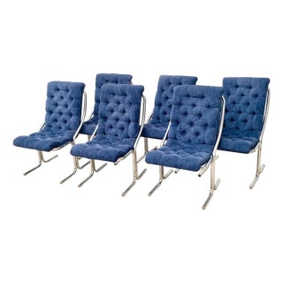 MCM Daystrom Chrome Cantilever Blue Tufted Dining Chairs (Milo Baughman Style) - Set of 6 For Sale
