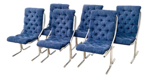 MCM Daystrom Chrome Cantilever Blue Tufted Dining Chairs (Milo Baughman Style) - Set of 6