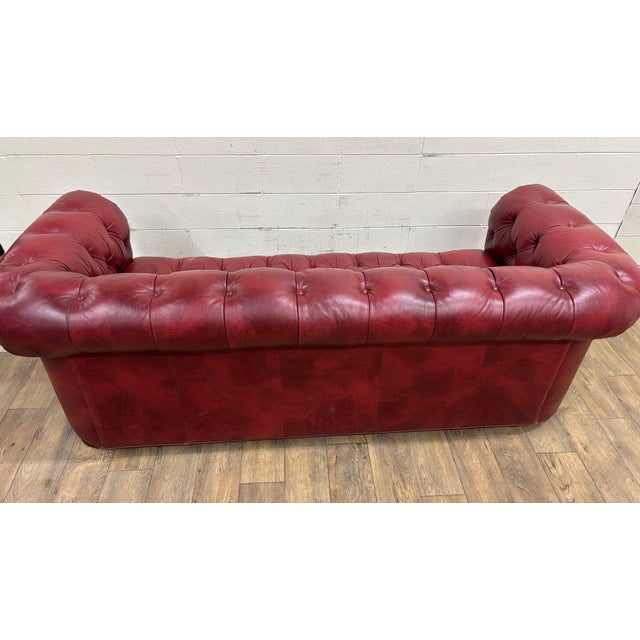 Vintage Ethan Allen Tufted Oxblood Red Leather Chesterfield Sofa For Sale - Image 10 of 16