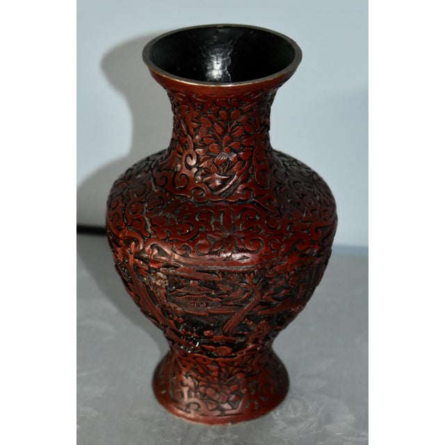Antique Carved Chinese Figural Cinnabar Vase For Sale - Image 9 of 12